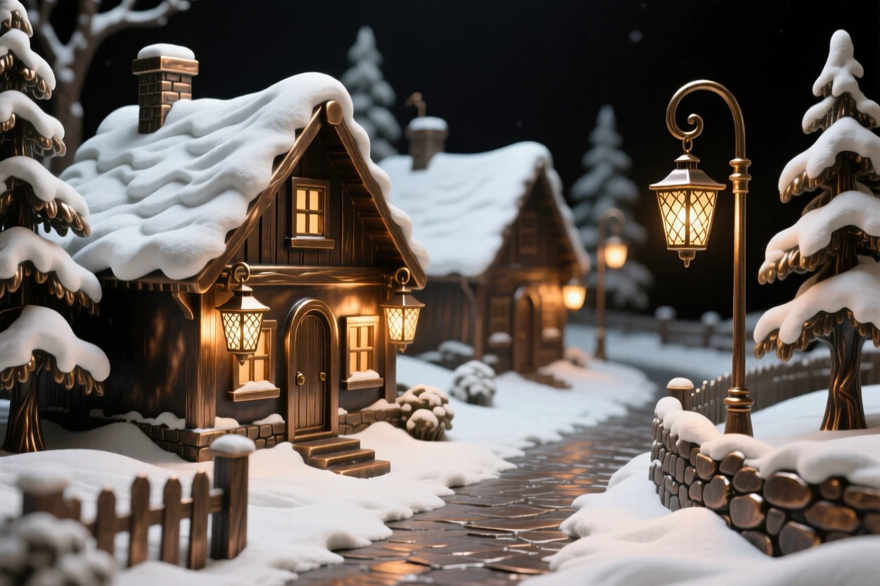 A snow-covered village glowing with warm lantern light, capturing the mood and atmosphere of the season in rich, immersive detail