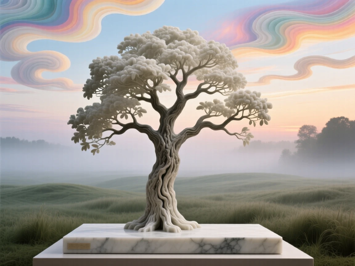 An evocative depiction of a solitary tree standing in a misty field, under a brilliant, colorful sky, balancing detail with emotional depth
