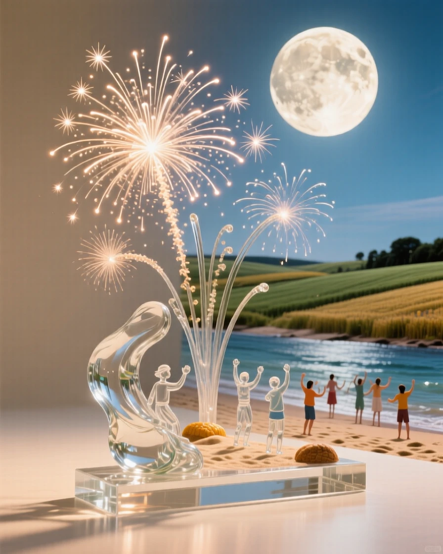 Fireworks bursting above a summer beach celebration beneath a harvest moon rising over the fields