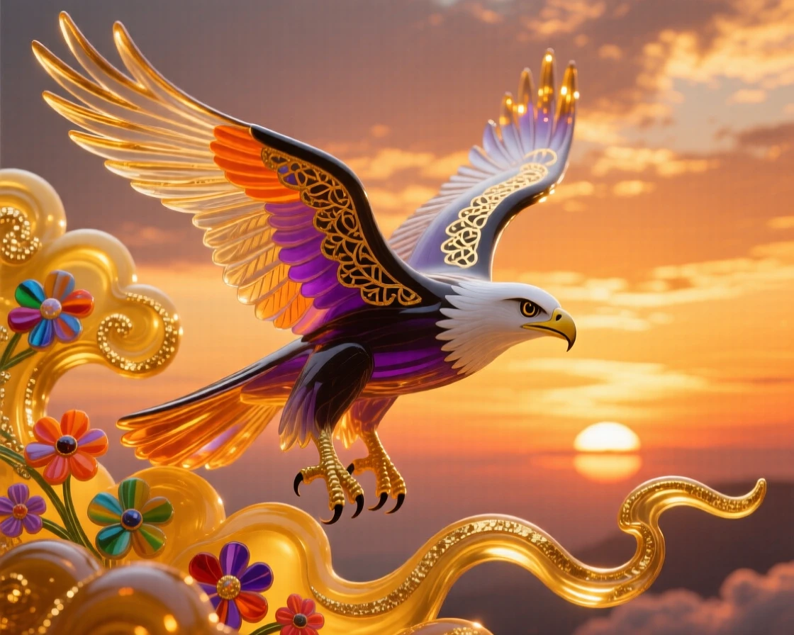 A lone falcon diving through golden clouds at sunset, thrilling and majestic.