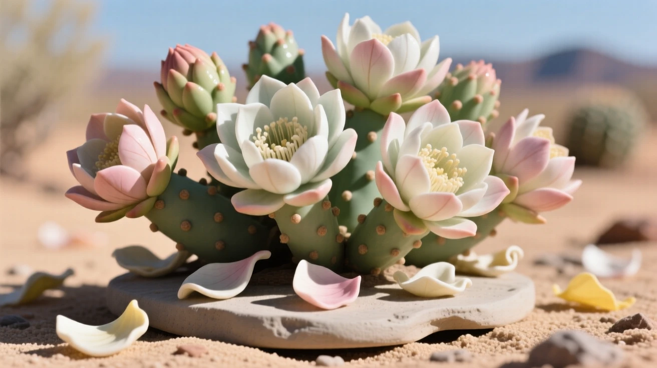 A cactus blossom opening in the desert heat clustered together in natural harmony, surrounded by scattered fallen petals, evoking fragile beauty and quiet renewal.