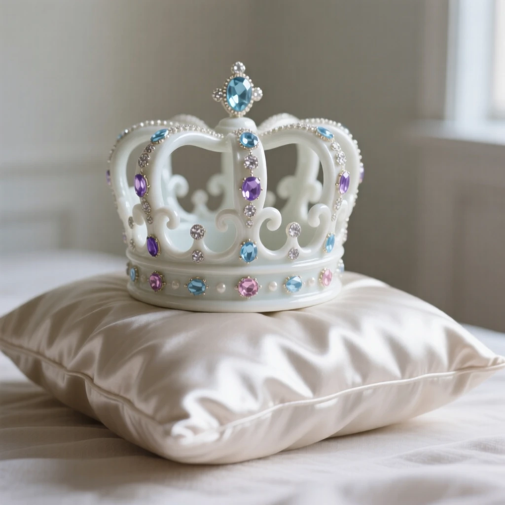 An elegant jeweled crown resting on a satin pillow, displayed as the centerpiece of a quiet room.