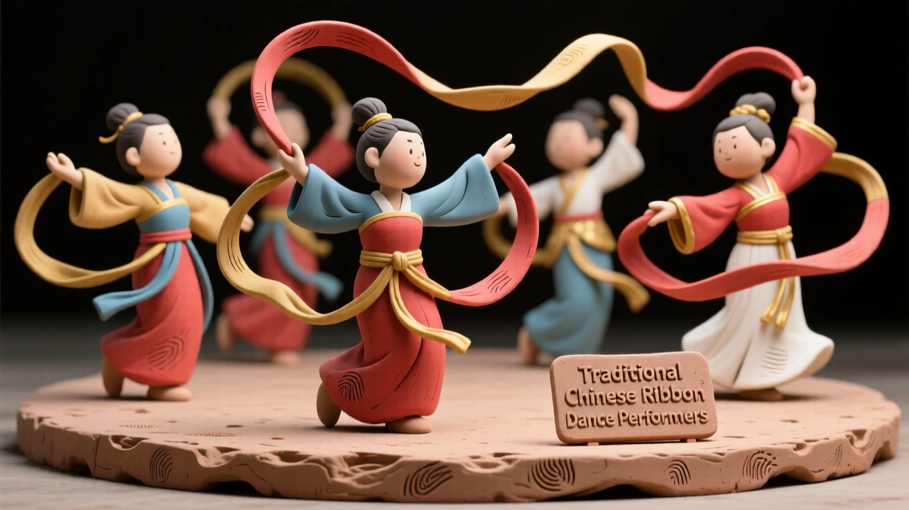 A group of performers spinning traditional Chinese ribbon dance streamers