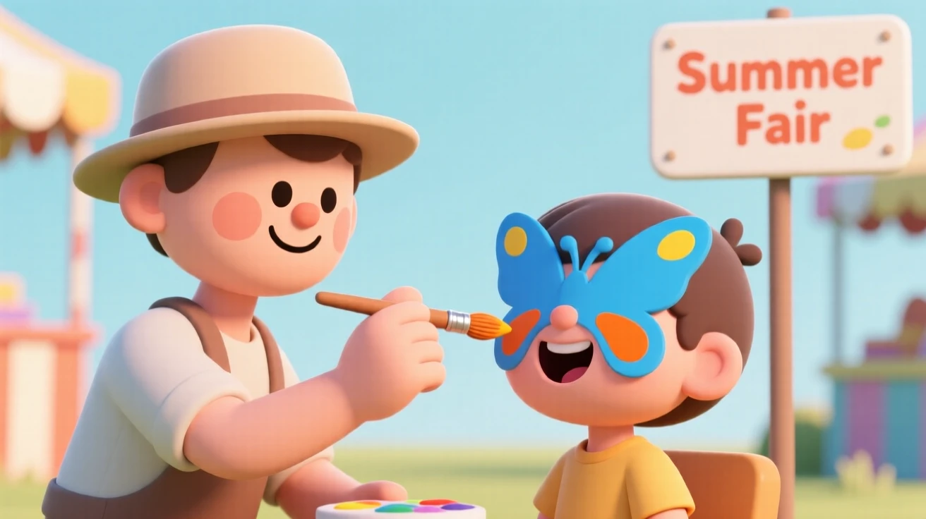 A cheerful face painter transforms a giggling child's cheek into a colorful butterfly at a summer fair.