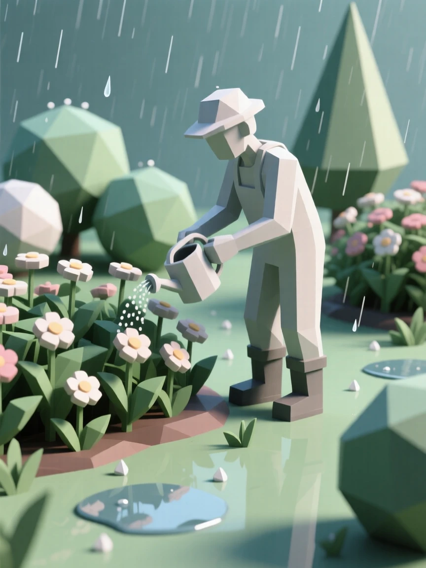 A gardener tending to a lush blooming garden, on a quiet rainy afternoon. natural light enhances the vibrant colors of the scene. The atmosphere feels peaceful and mindful.