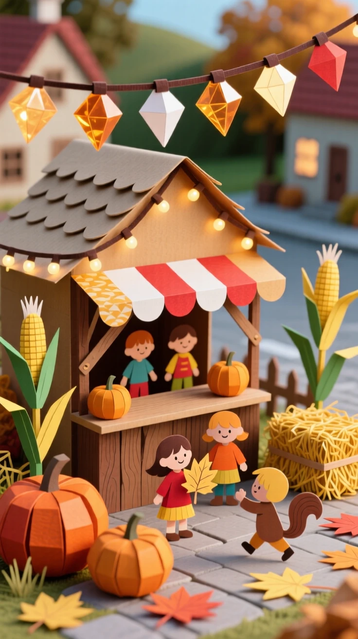 A charming autumn harvest festival decorated with warm twinkling lights, with children laughing and playing nearby, capturing the spirit of gratitude and joy.