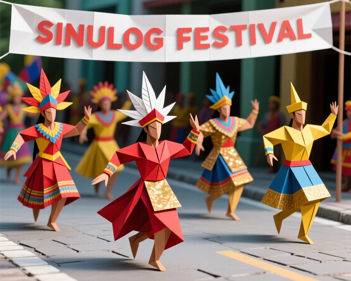 A Filipino Sinulog festival scene with dancers in vibrant costumes parading through the street.