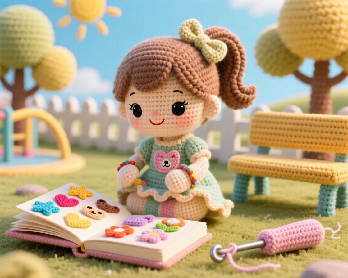 a little girl collecting stickers in an album, with careful, tidy pages, arranging her favorite designs in neat rows, in a community playground on a clear day, with a favorite well-worn tool resting close by, radiating the simple happiness of a favorite pastime.