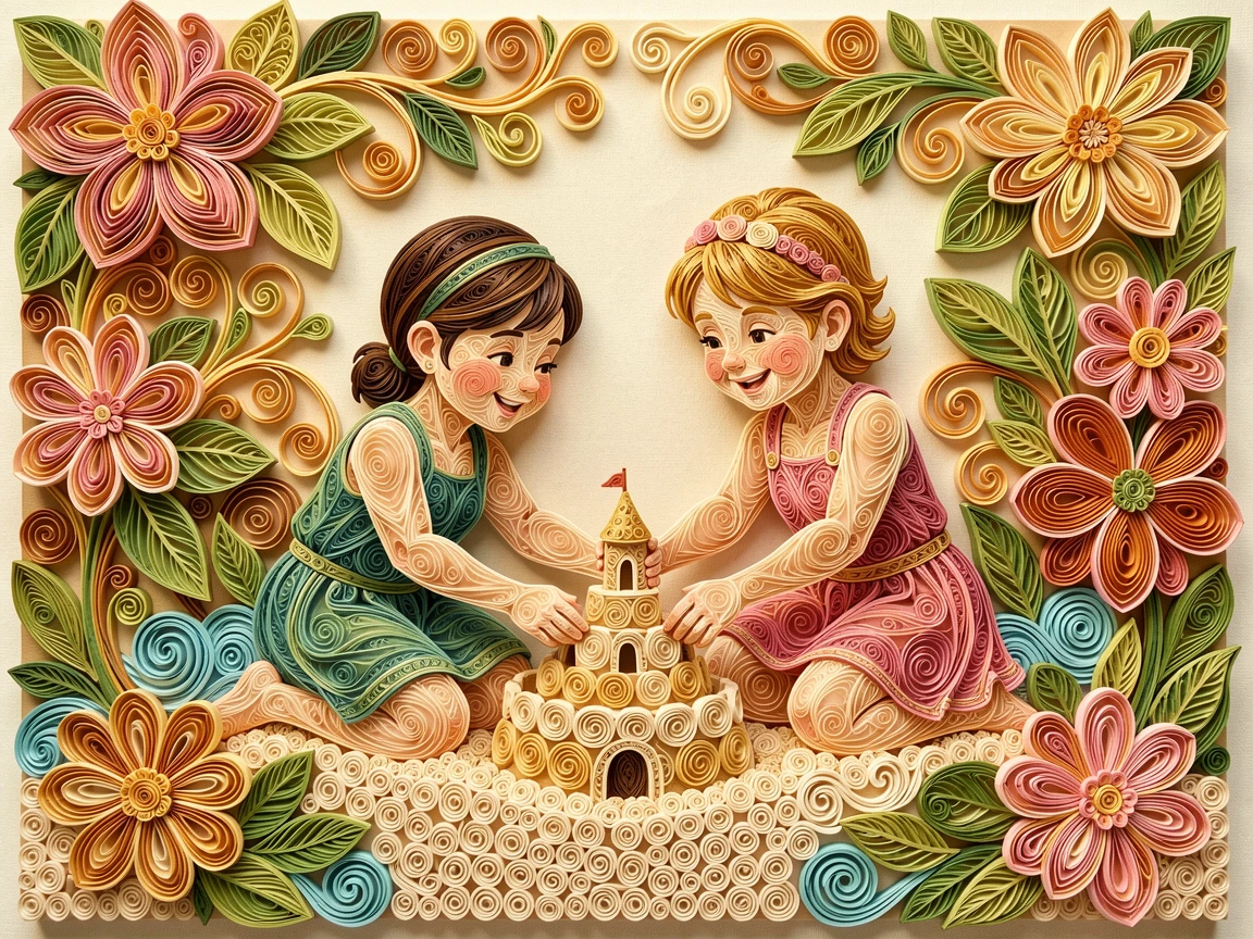 two siblings building a sandcastle together at the beach, in a lush backyard garden in full bloom, composed with warm golden light wrapping around the scene, in a warm, nostalgic color palette.