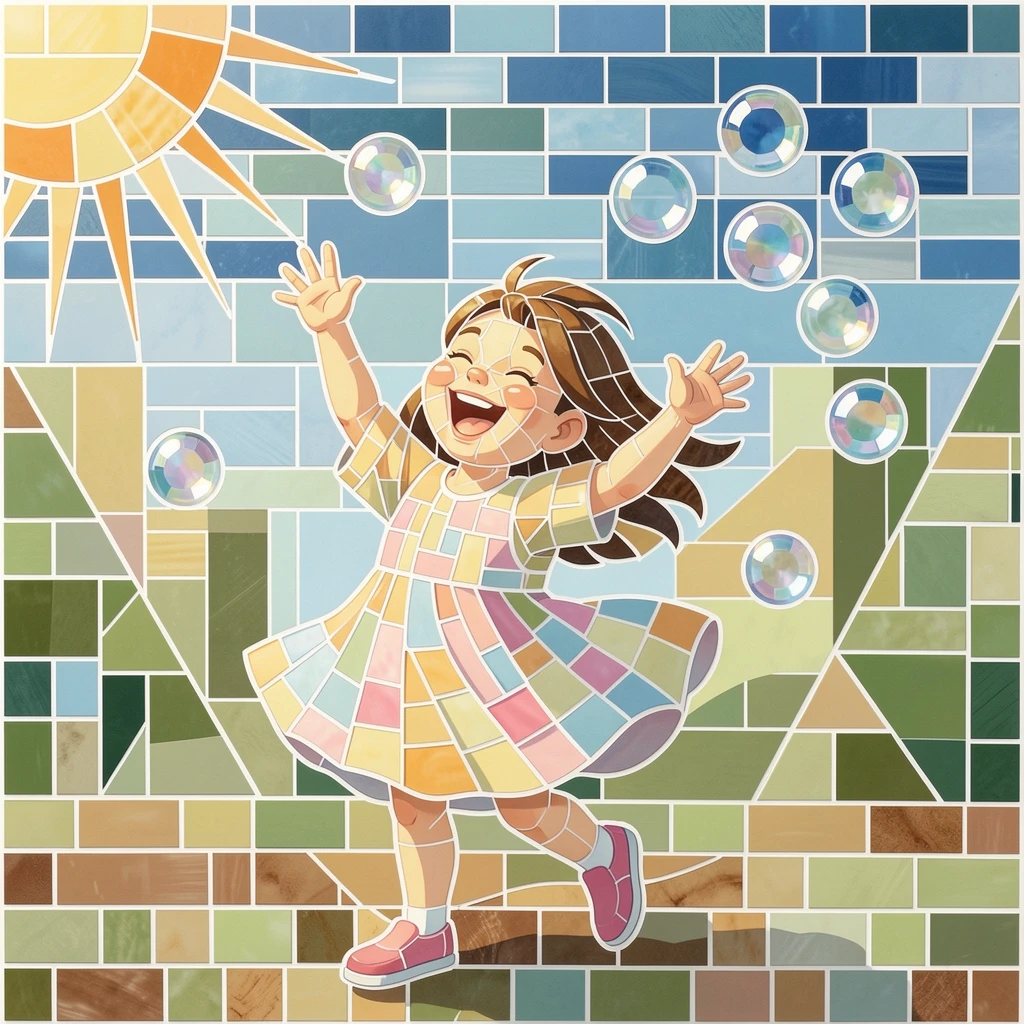 A joyful young girl laughing while chasing bubbles in a sunlit garden.