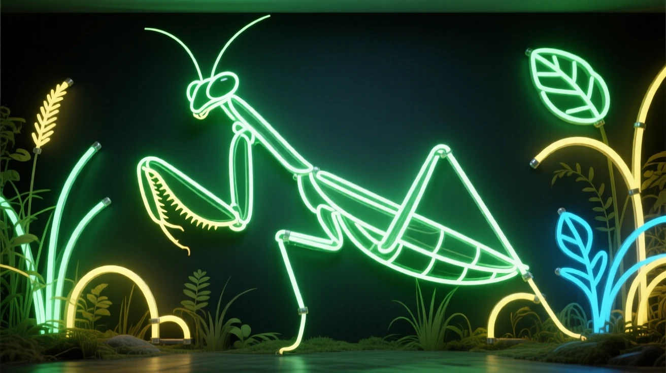A wide environmental shot of a praying mantis standing in its natural habitat.