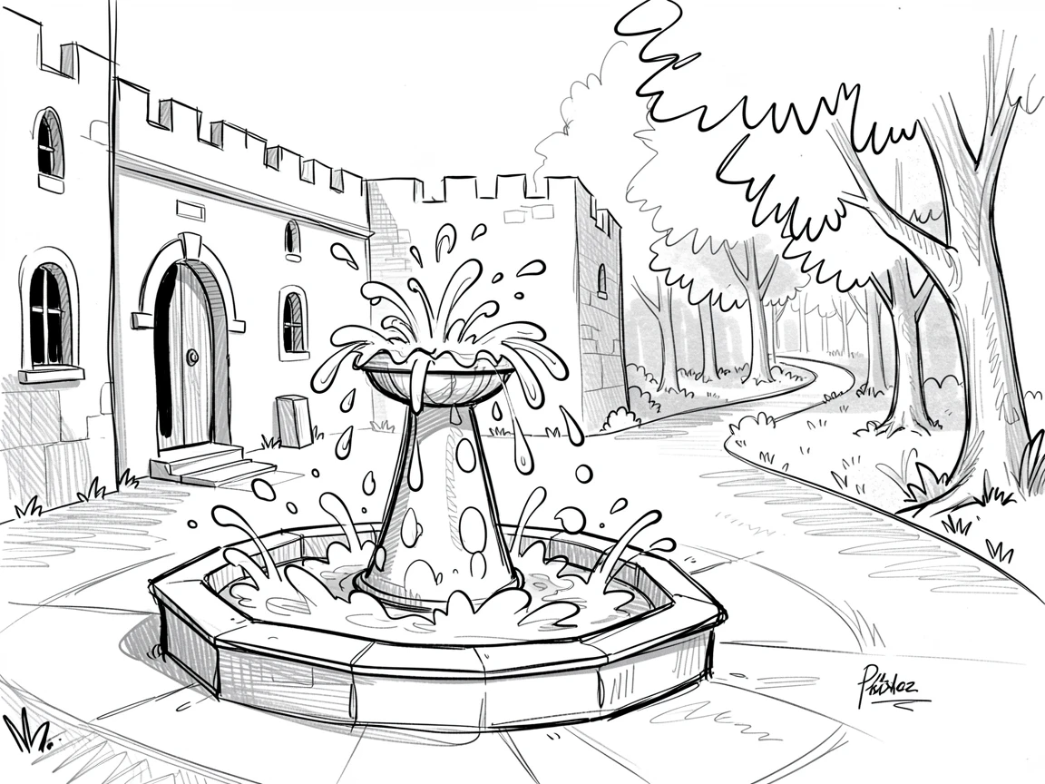 A castle courtyard with a bubbling fountain beside a winding forest path.