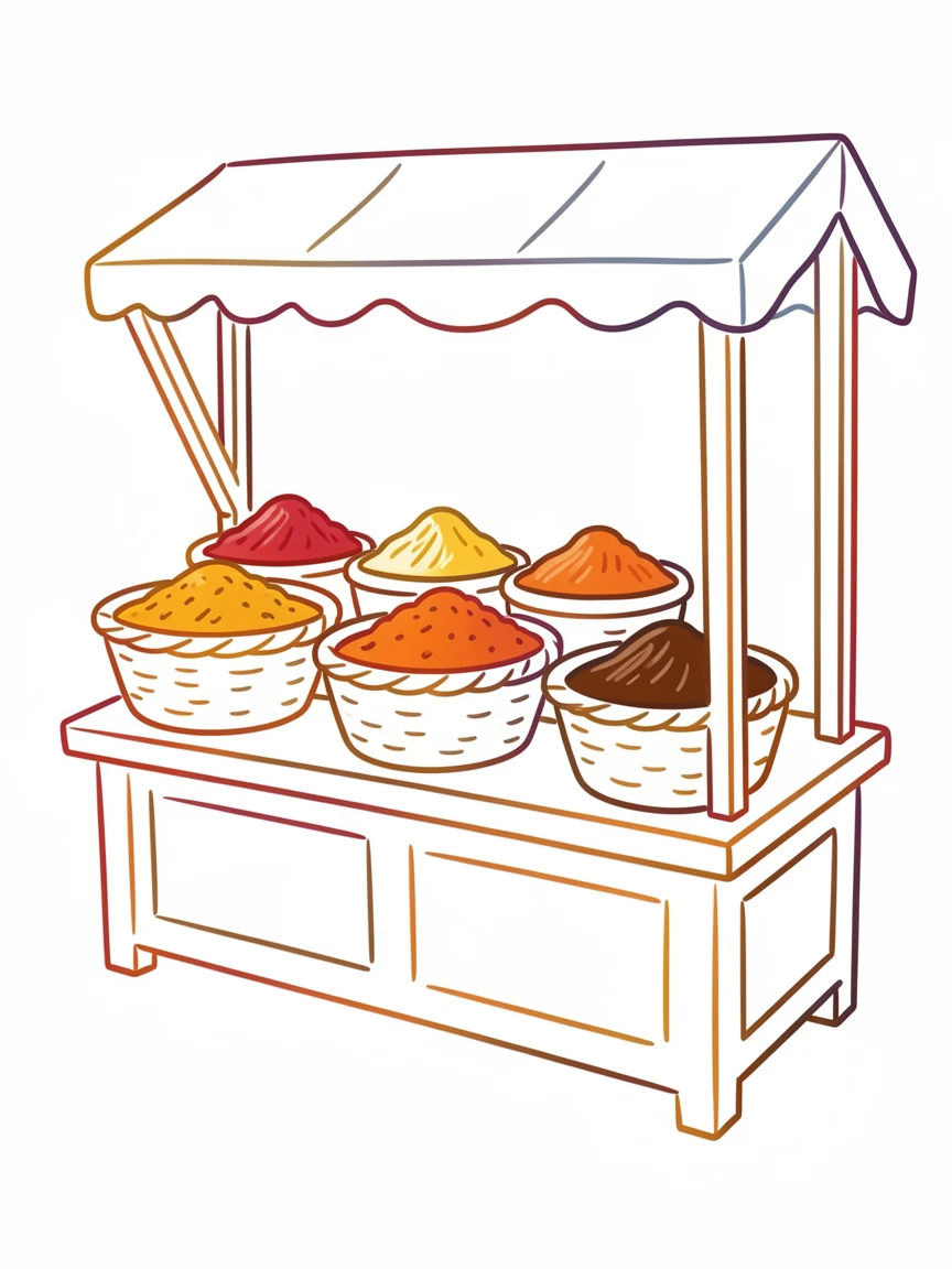 A quiet spice market stall with baskets of colorful ground spices.