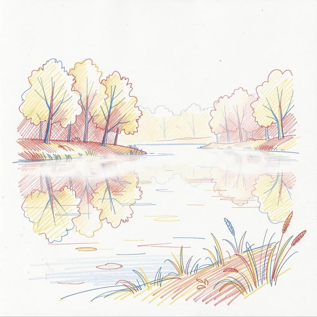 A crisp autumn morning with mist rising off a quiet lake