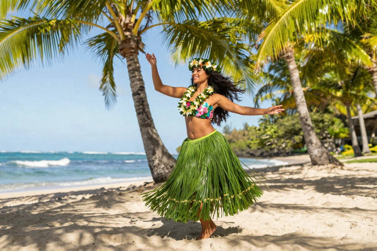 A Hawaiian hula dancer performing beneath swaying palms