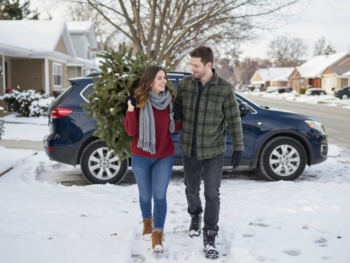 A young couple carries a Christmas tree together through fresh snow toward their car.