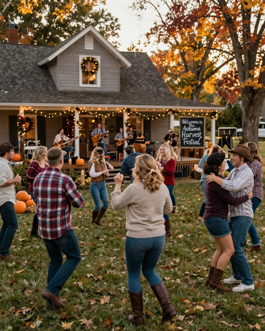 A crowd of townsfolk dancing together at an outdoor celebration inside a home decorated for the season