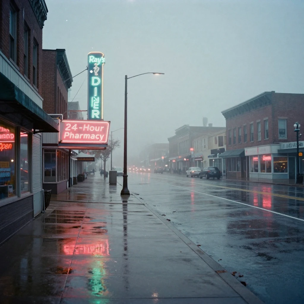 Neon signs reflecting off wet pavement on a rainy city street, under a canopy of stars, in thick rolling fog, in late autumn, in cool blues and silvery greys, from a three-quarter angle.