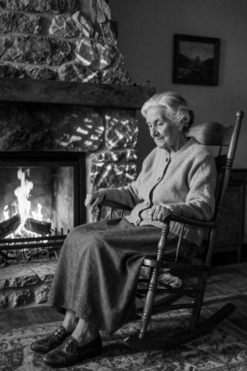 A great-grandmother rocks gently in a wooden chair beside a crackling fireplace.
