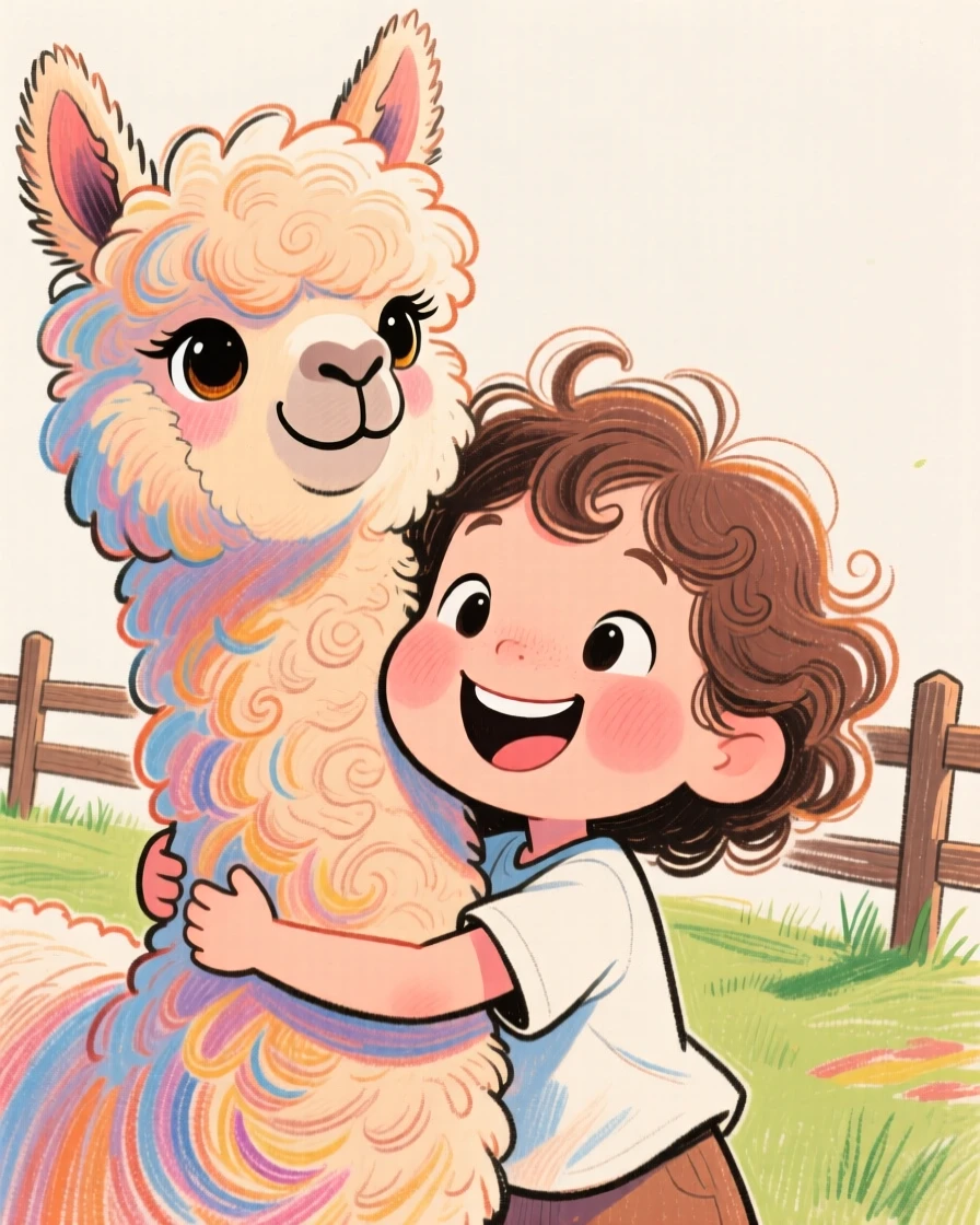 A child hugging a friendly alpaca at a farm, both looking equally fluffy.