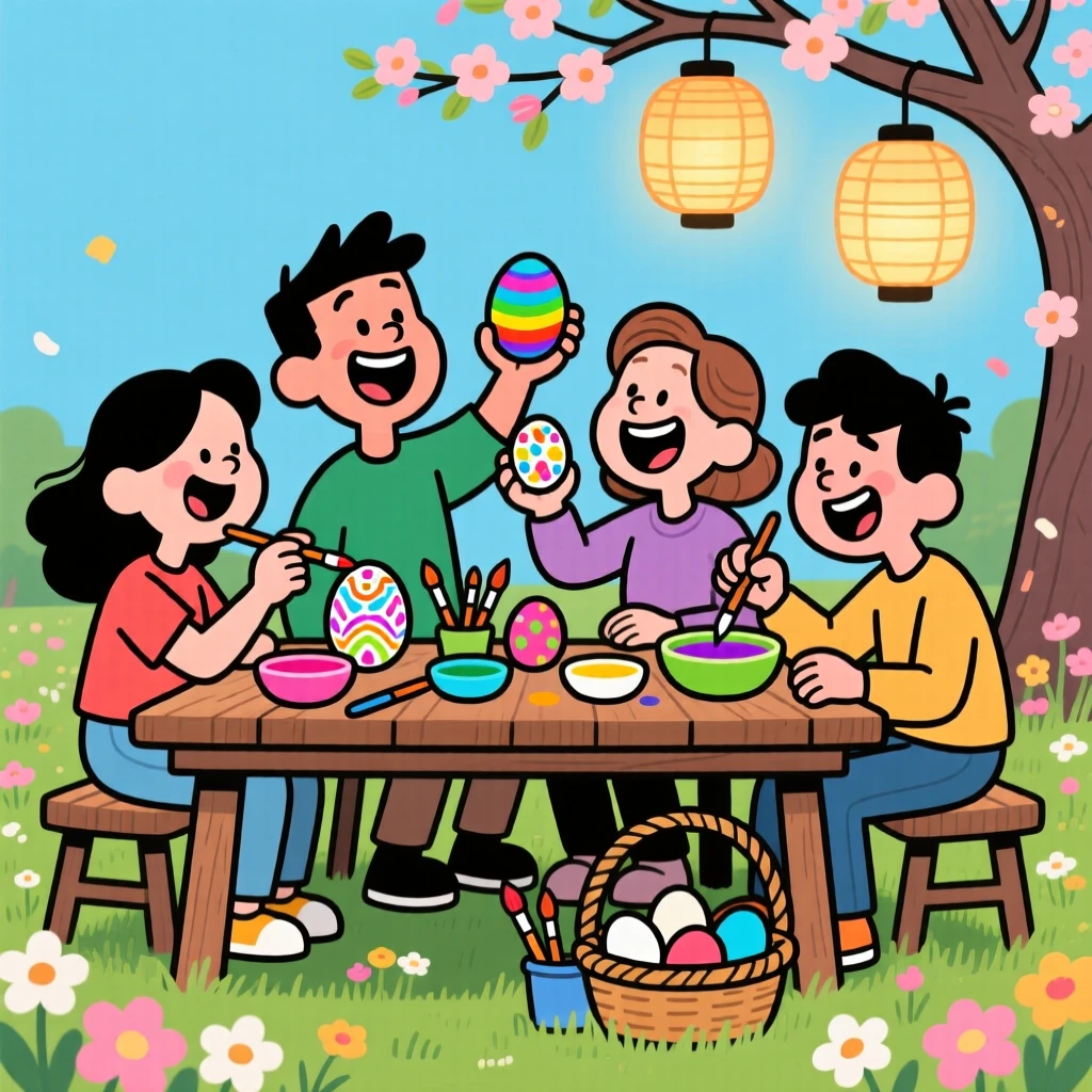 A festive celebration scene of a group of friends decorating eggs together at a spring gathering, with warm lanterns glowing softly nearby.