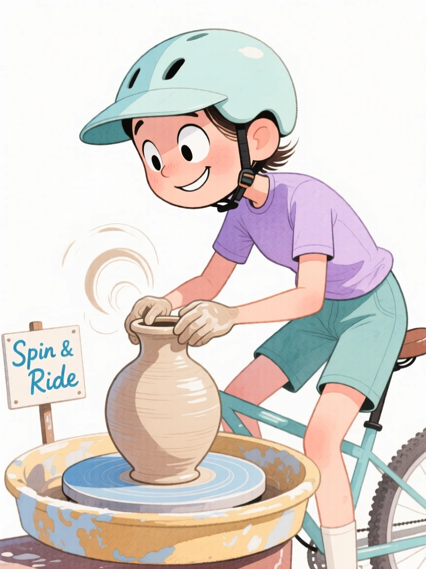A mountain biker shaping a spinning vase of clay