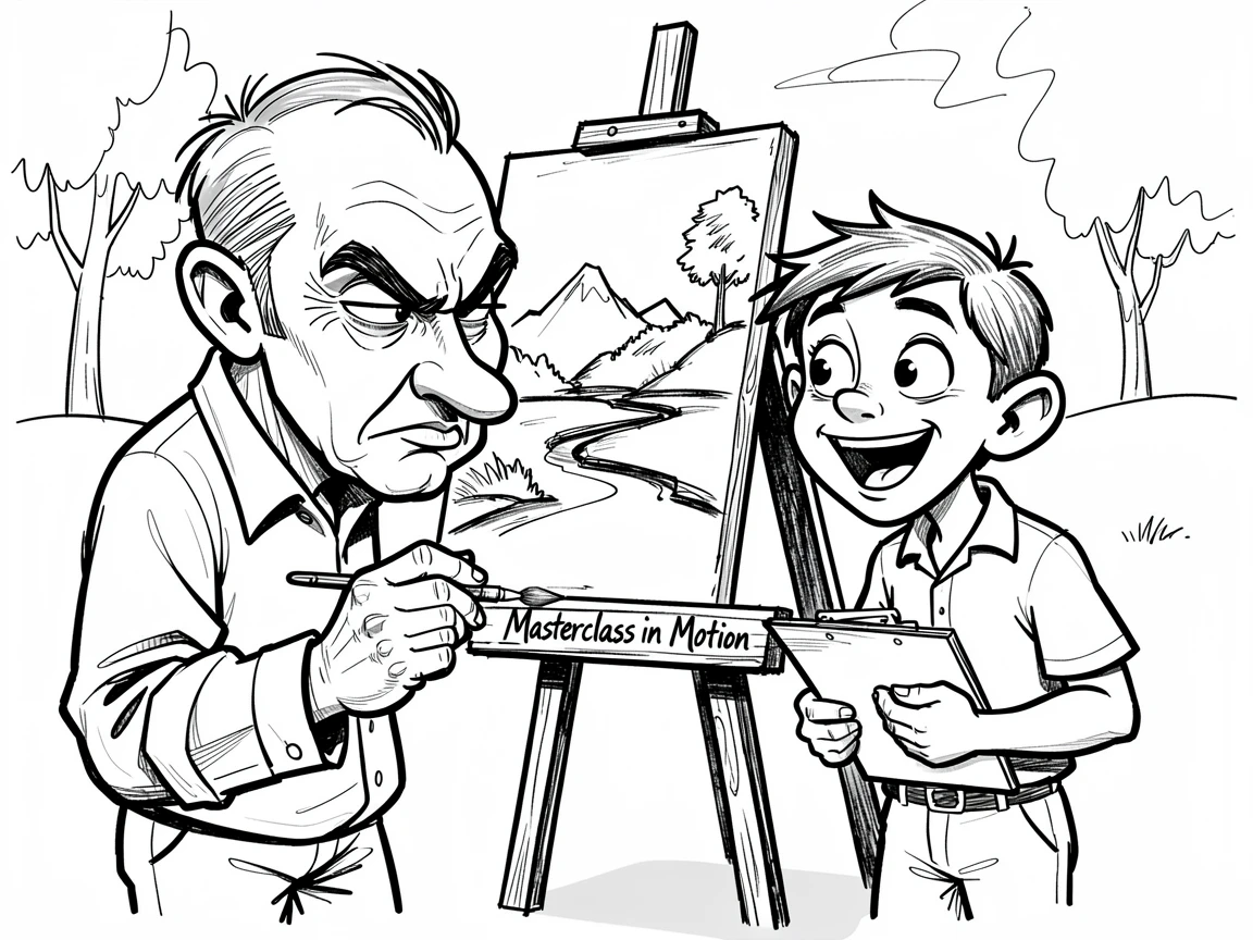 [Occupations & Hobbies] Detailed scene of a meticulous landscape painter teaching an eager apprentice, showcasing skill and dedication