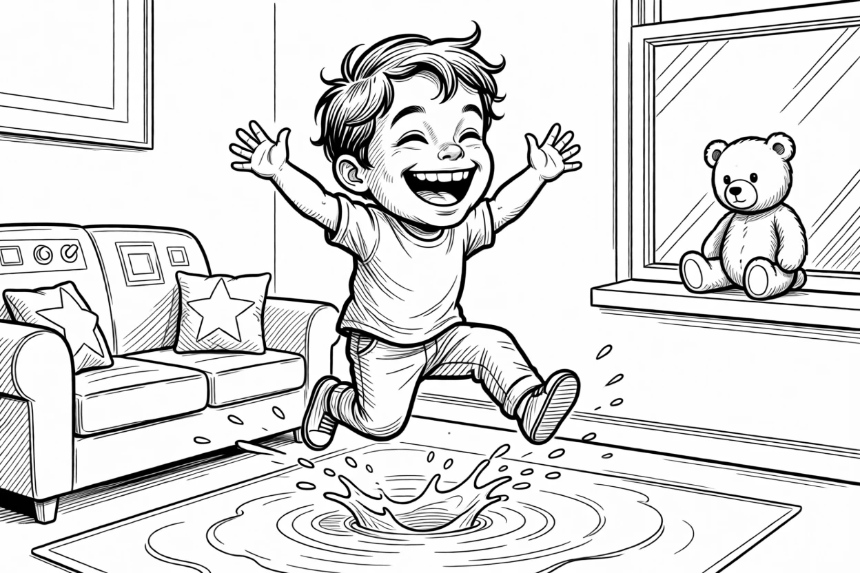 A child mid-leap into a puddle with both feet, grinning so wide the gap is impossible to miss, set in a living room turned imaginary rocket ship. A stuffed bear watches from a nearby windowsill. The scene captures the wild imagination only kids have.