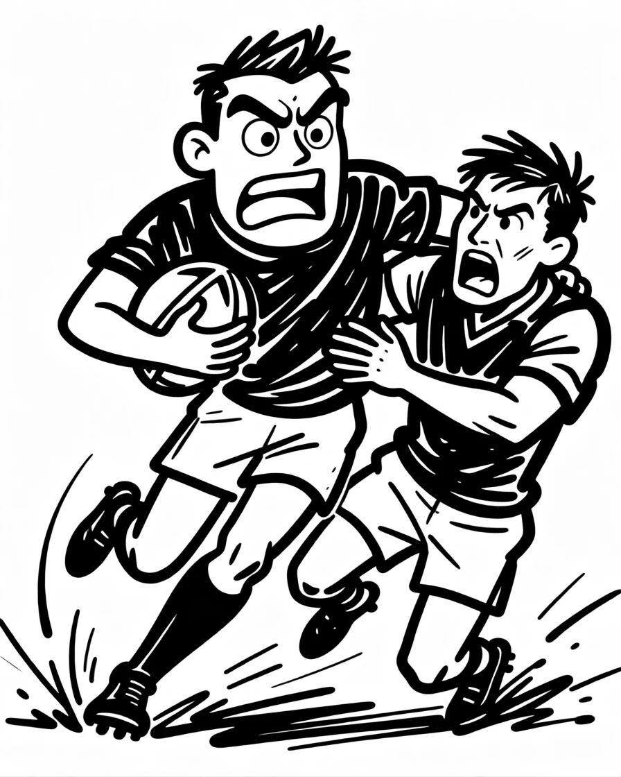 A rugby player breaking through a tackle, ball tucked firmly under one arm.