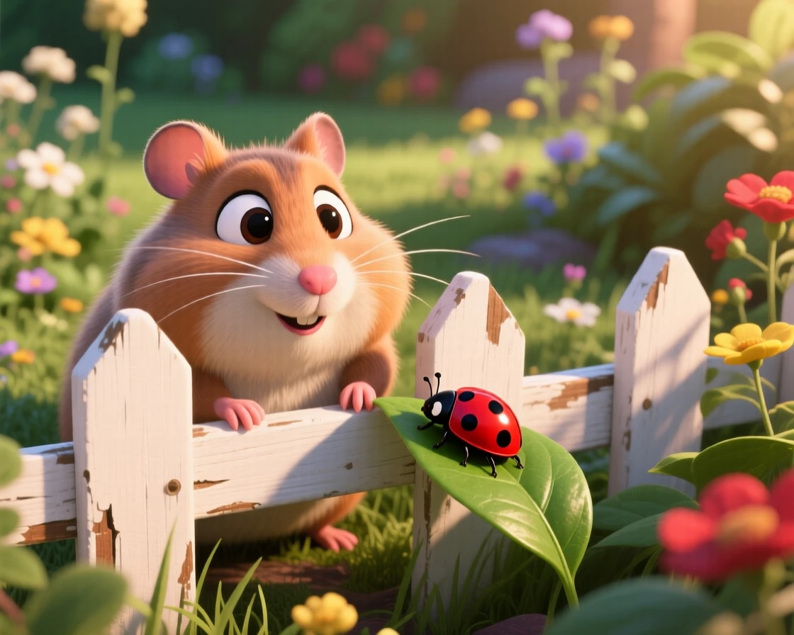 A plump hamster is peeking through a garden fence, watching a ladybug crawl by. A quiet, comforting sweetness surrounds the scene, with soft light catching its fur.
