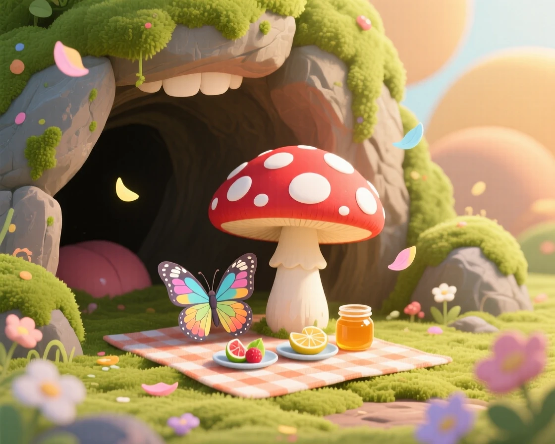 In the mouth of a mossy cave, a delicate butterfly spends the afternoon having a picnic under a toadstool, with petals drifting gently down.