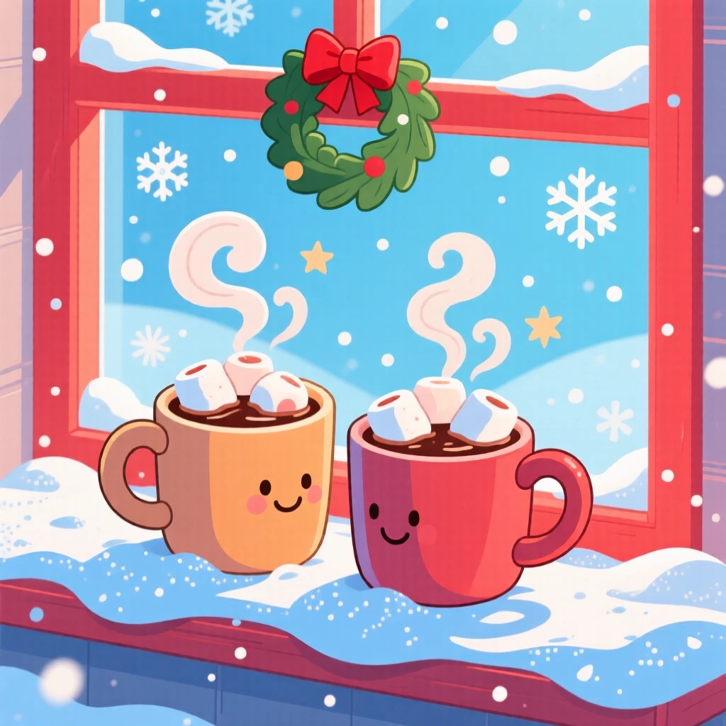 A pair of mugs of hot cocoa steaming on a windowsill in the snow.