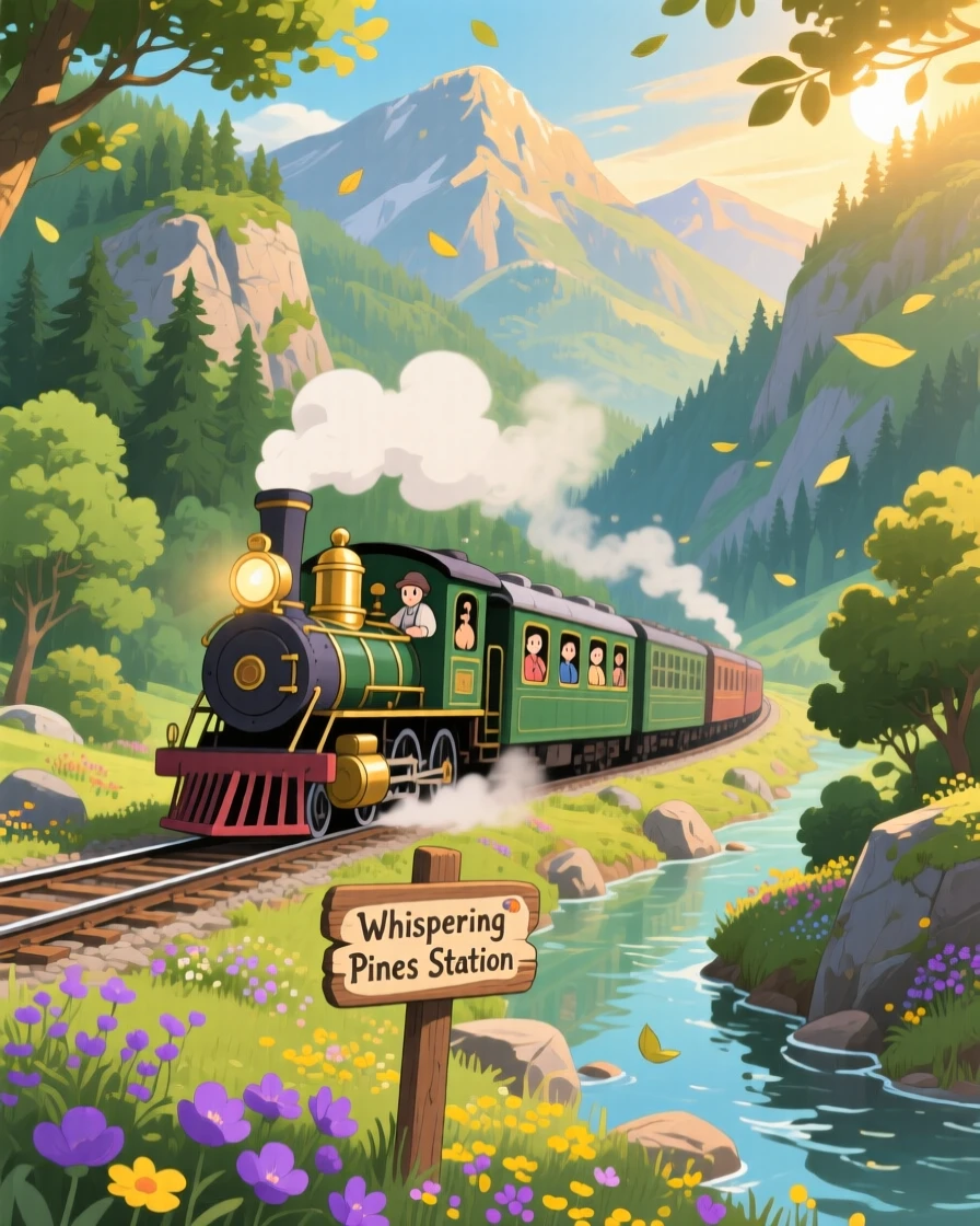 A charming scene of a vintage steam train winding through a mountain valley, with steam and light trailing behind it.