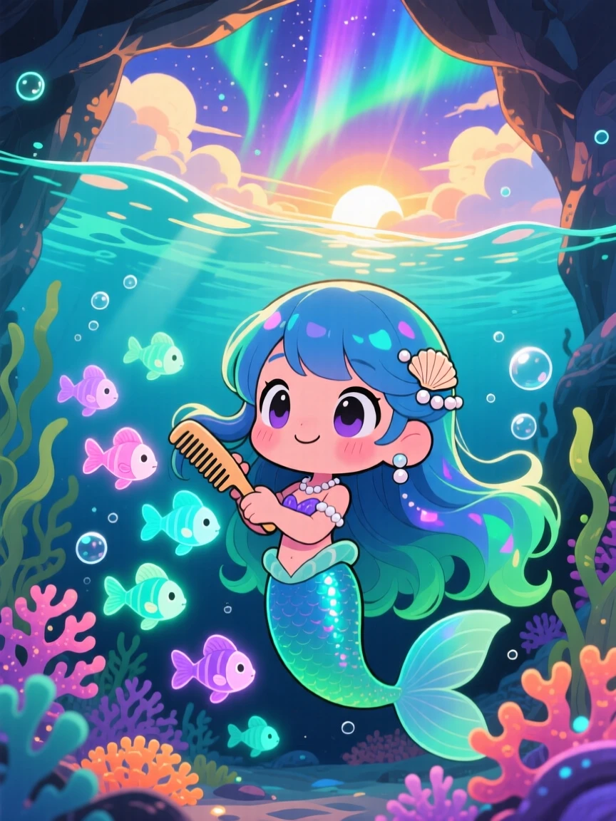 Dynamic diagonal composition of a mermaid princess, combing a school of glowing fish like pets, in a bioluminescent underwater cave, beneath swirling aurora-lit skies, illuminated by rays of sunrise breaking through clouds, radiating quiet contentment.