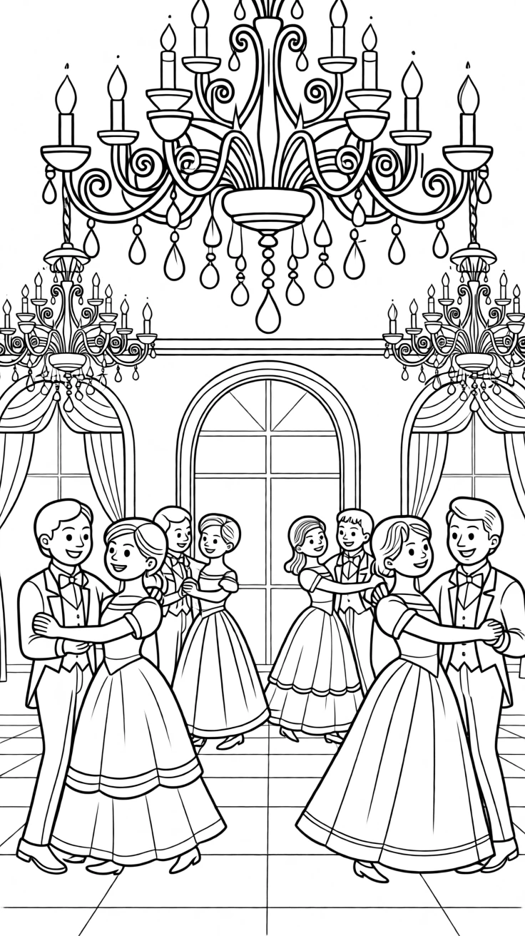 A royal ball with dancing couples under sparkling chandeliers