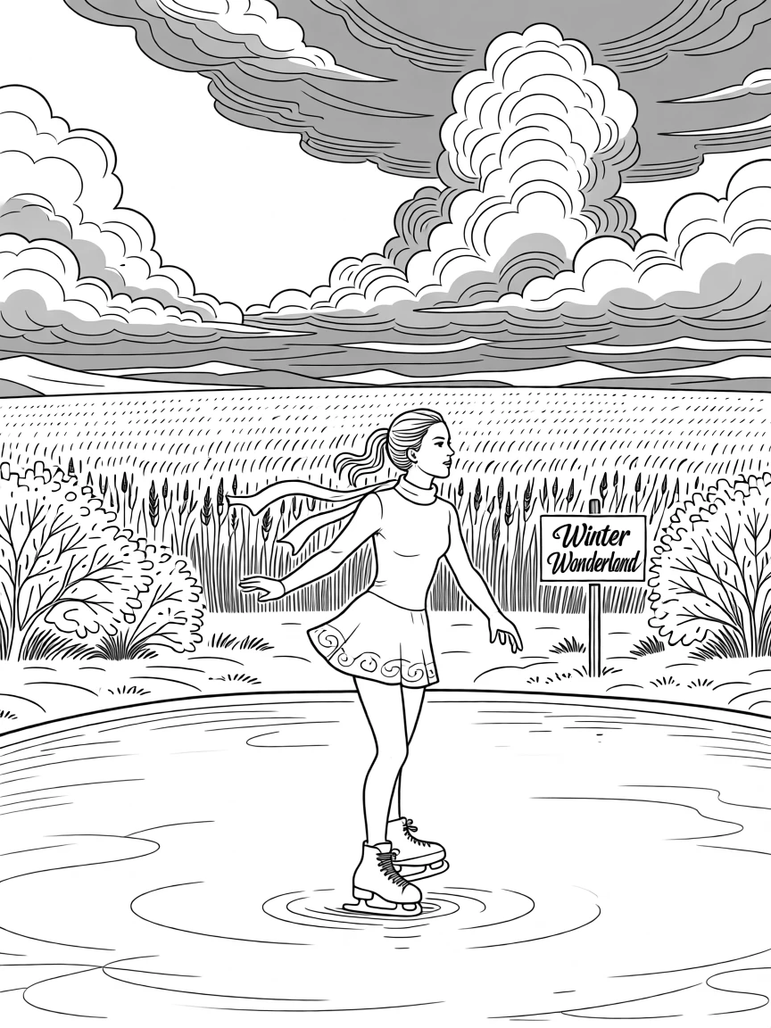 An ice skater gliding across a frozen pond, storm clouds gathering above a golden wheat field.