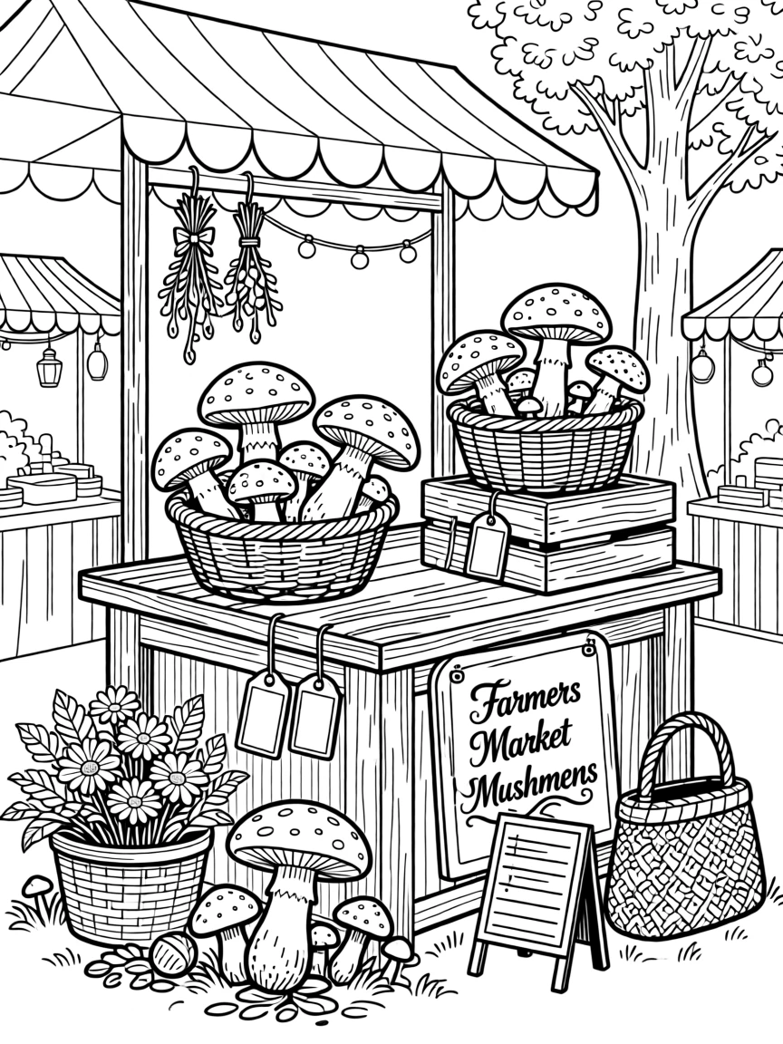 A farmers market mushroom stall with baskets of foraged varieties.