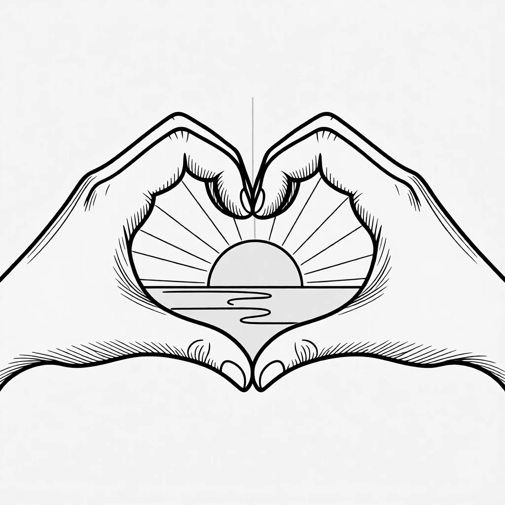 A pair of hands forming a heart shape against a sunset