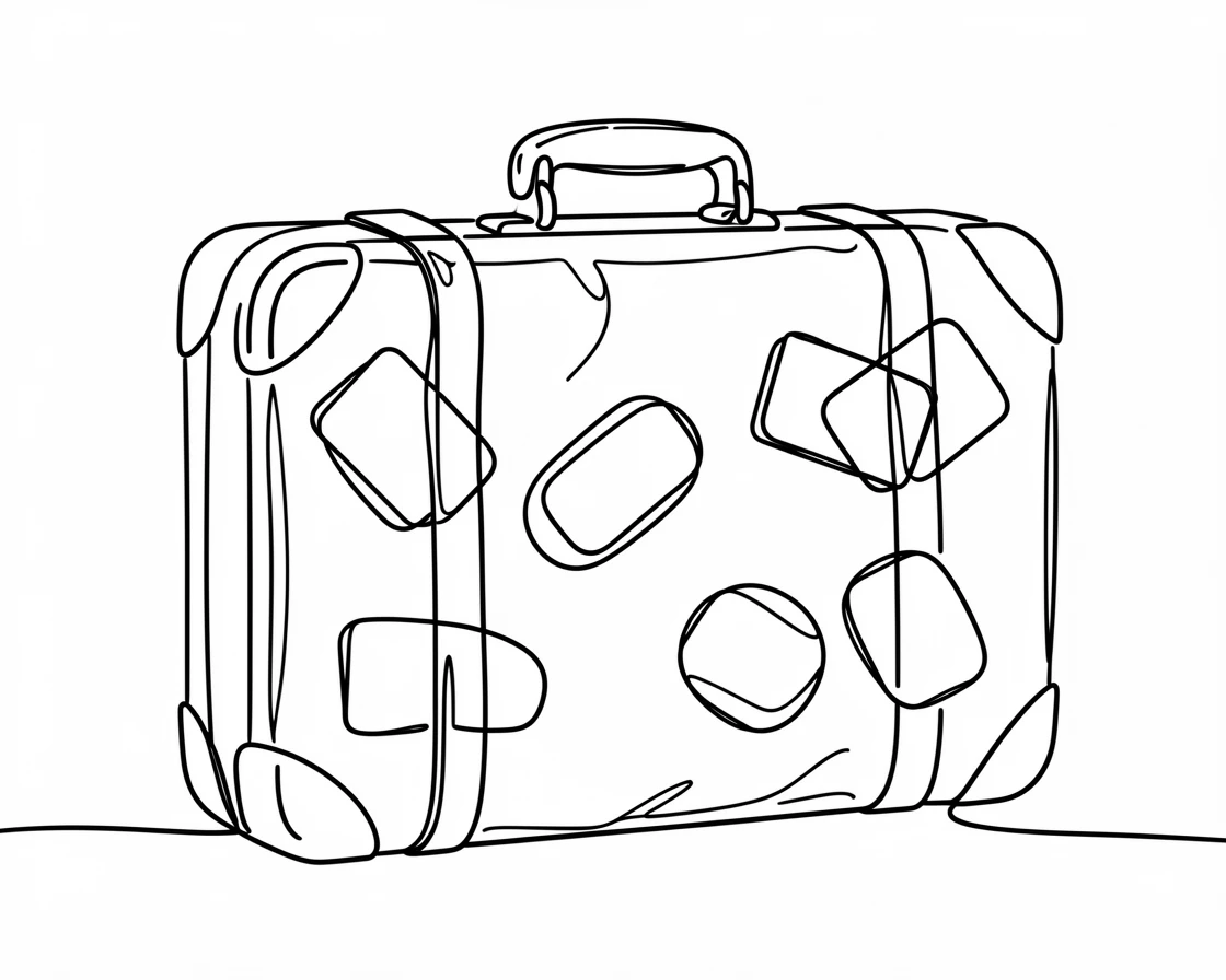 A weathered leather suitcase covered in stickers from around the world
