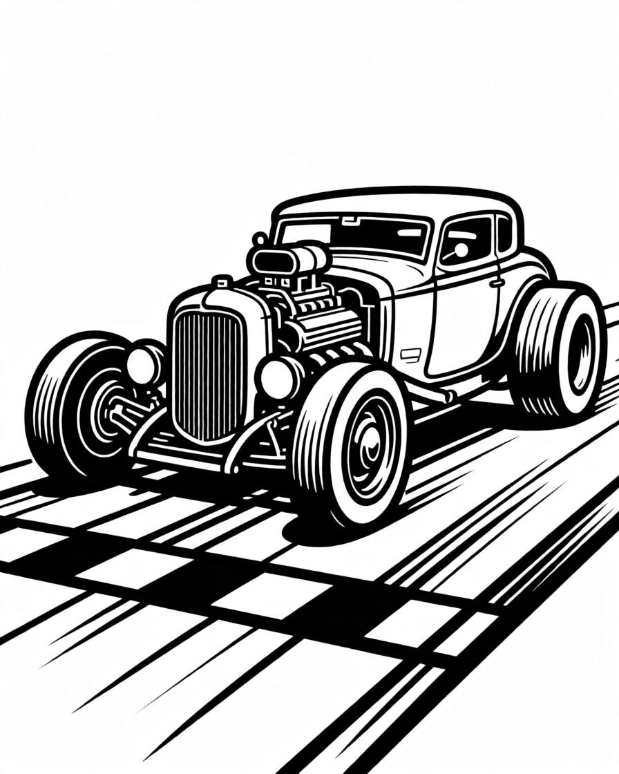 A vintage hot rod race car lined up at a starting grid.