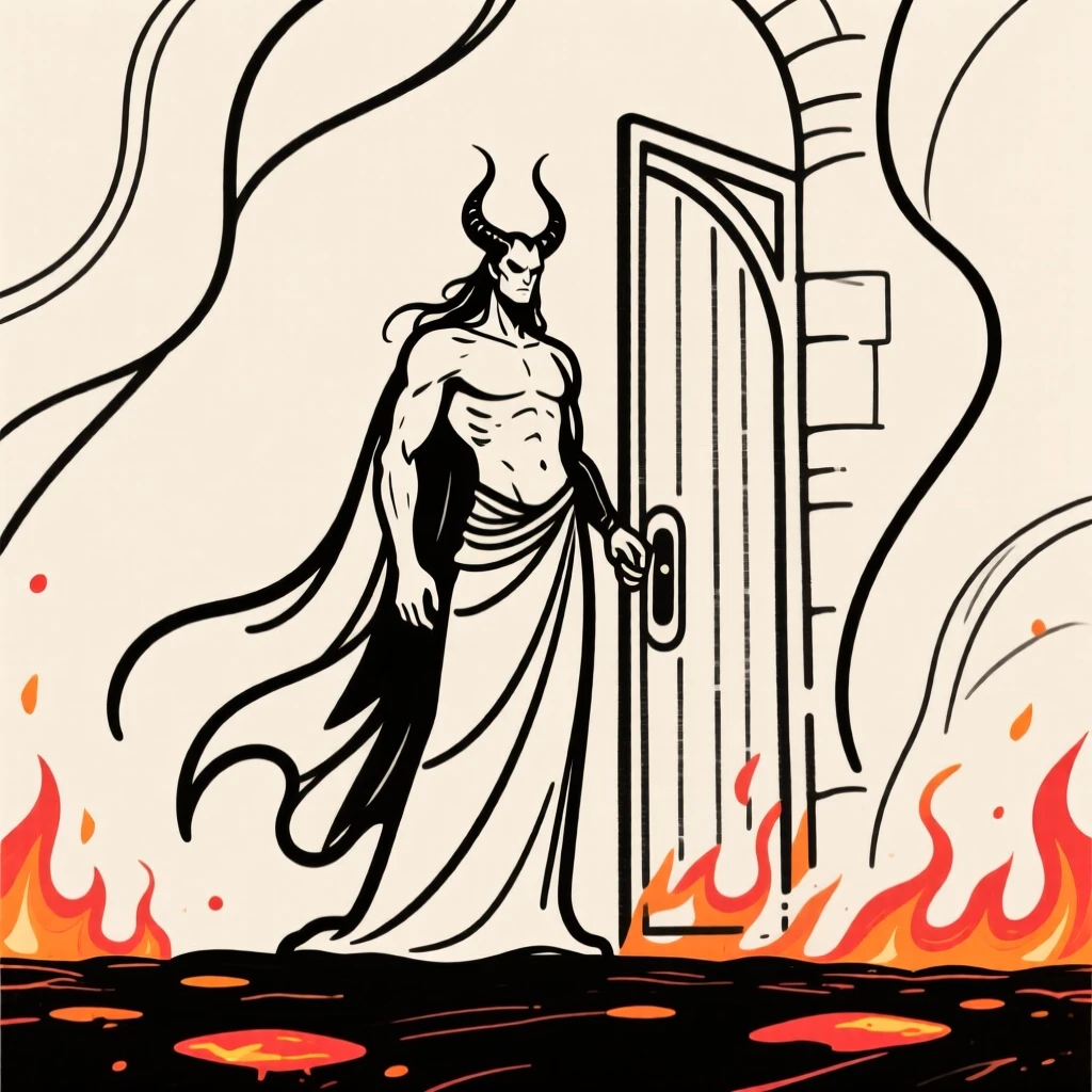 Hades standing at the gates of the underworld beside glowing embers.