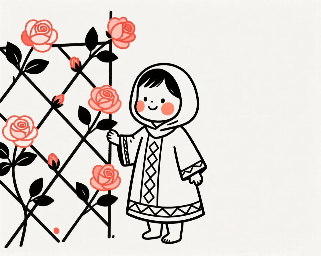 A baby girl wearing a Moroccan kaftan, smiling shyly, beside a blooming rose trellis.