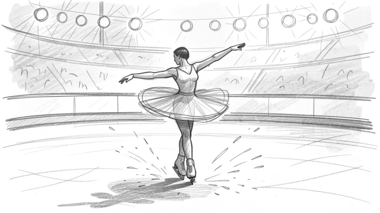 A figure skater spinning gracefully on ice, under bright stadium lights, with spray catching the sunlight.