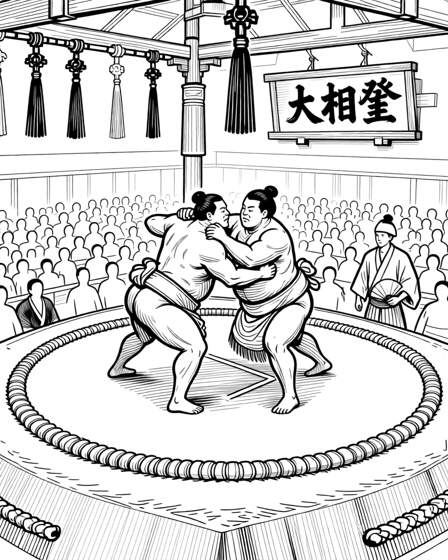 A traditional sumo wrestling match inside a packed arena.