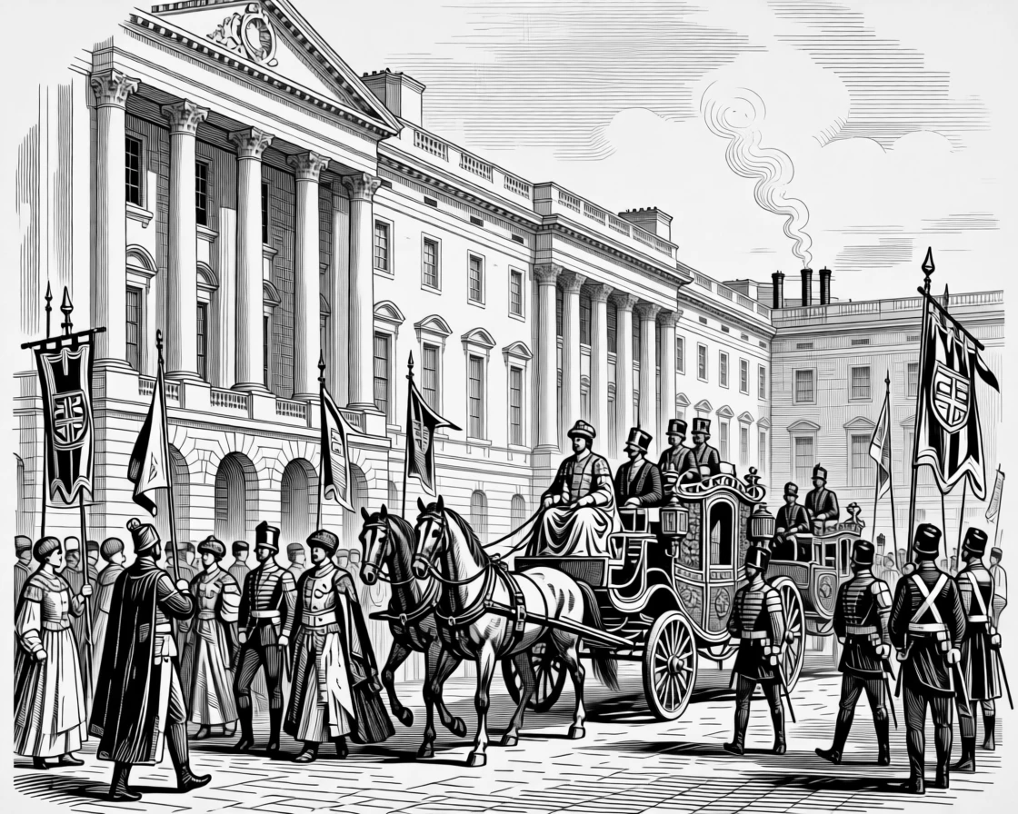 A royal procession through a grand city square as smoke rises gently from nearby chimneys, with banners and flags marking the occasion, portrayed in a deeply rooted in tradition historical scene.