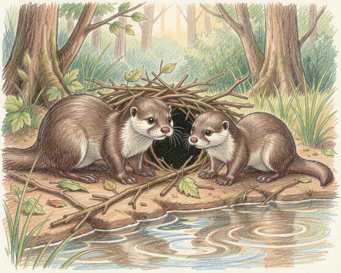 A family of otters building a den along a forest riverbank, captured in a quiet, intimate moment full of atmosphere, celebrating a moment people would love to revisit.