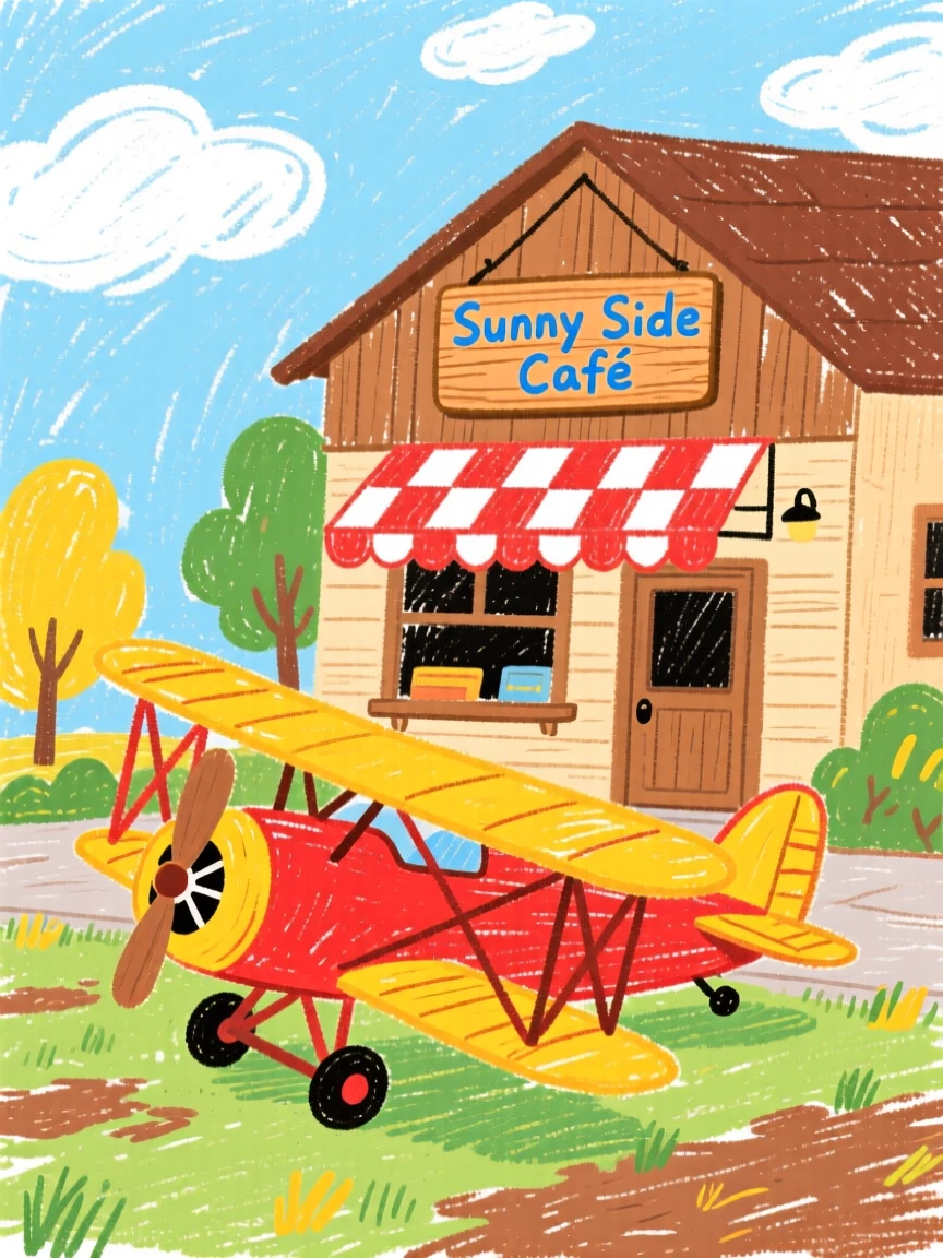 A biplane parked outside a cozy countryside cafe.
