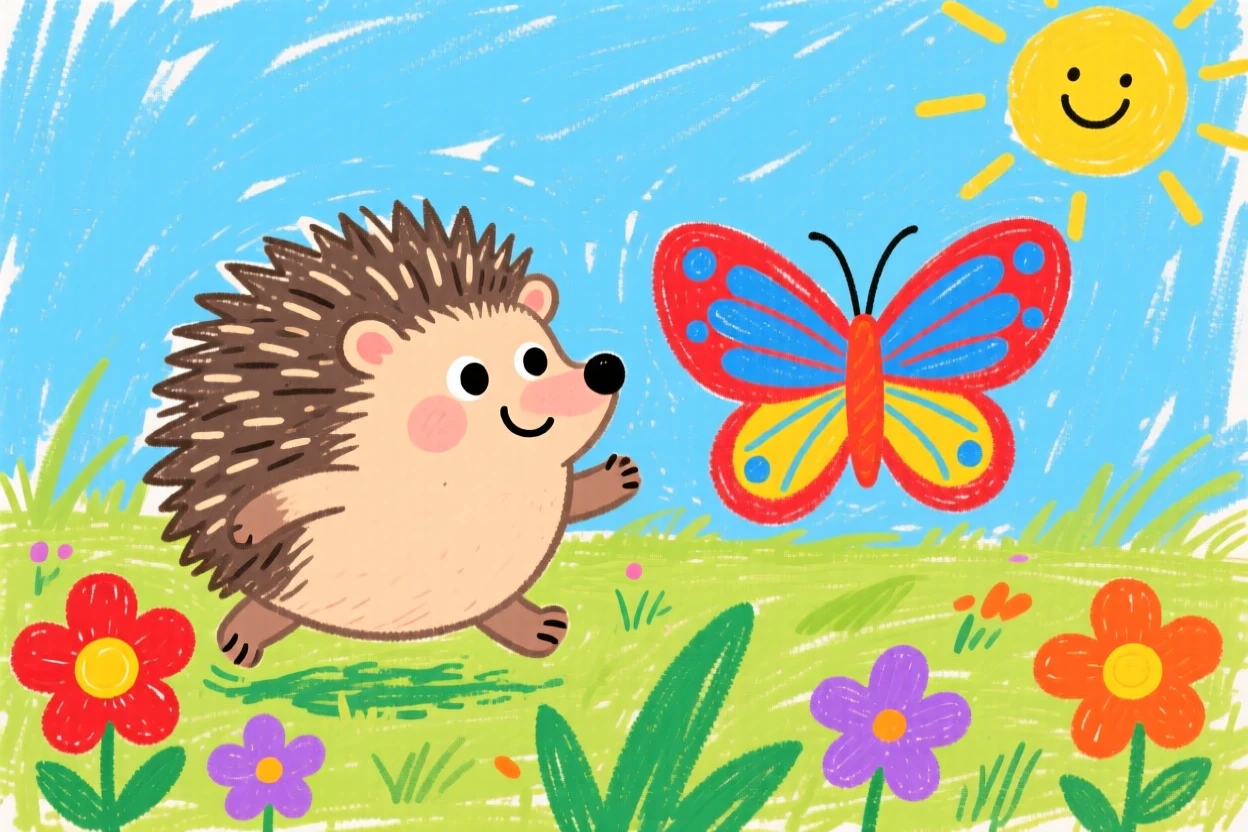 A round hedgehog pup chasing a butterfly across a sunny field.