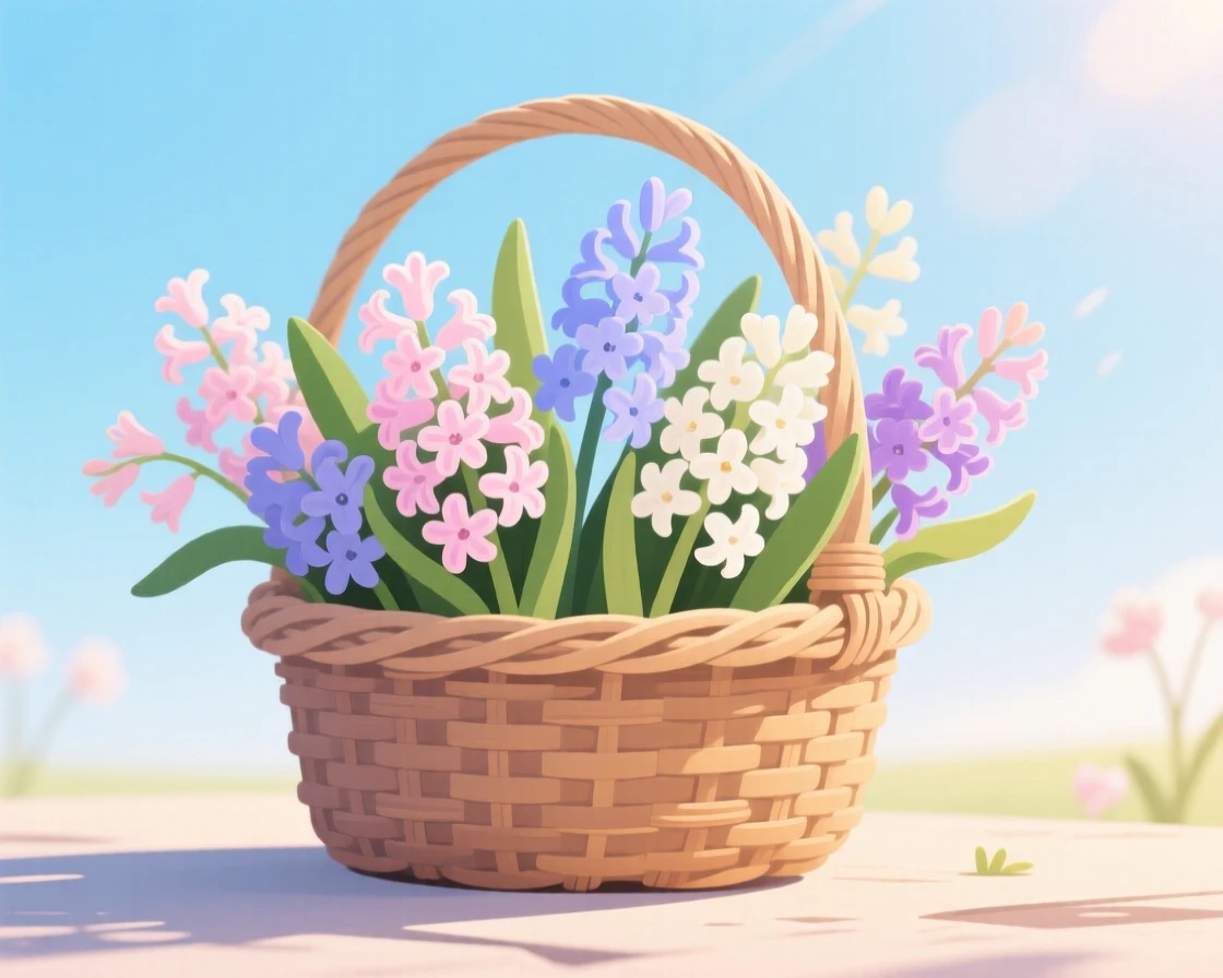 A basket of blooming spring hyacinths in soft pastel colors, set against a crisp, clear seasonal sky, framed with soft atmospheric depth fitting the season, with a fresh, crisp atmosphere throughout.