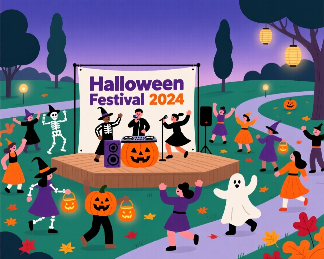 A Halloween celebration with dancing crowds filling a community park.